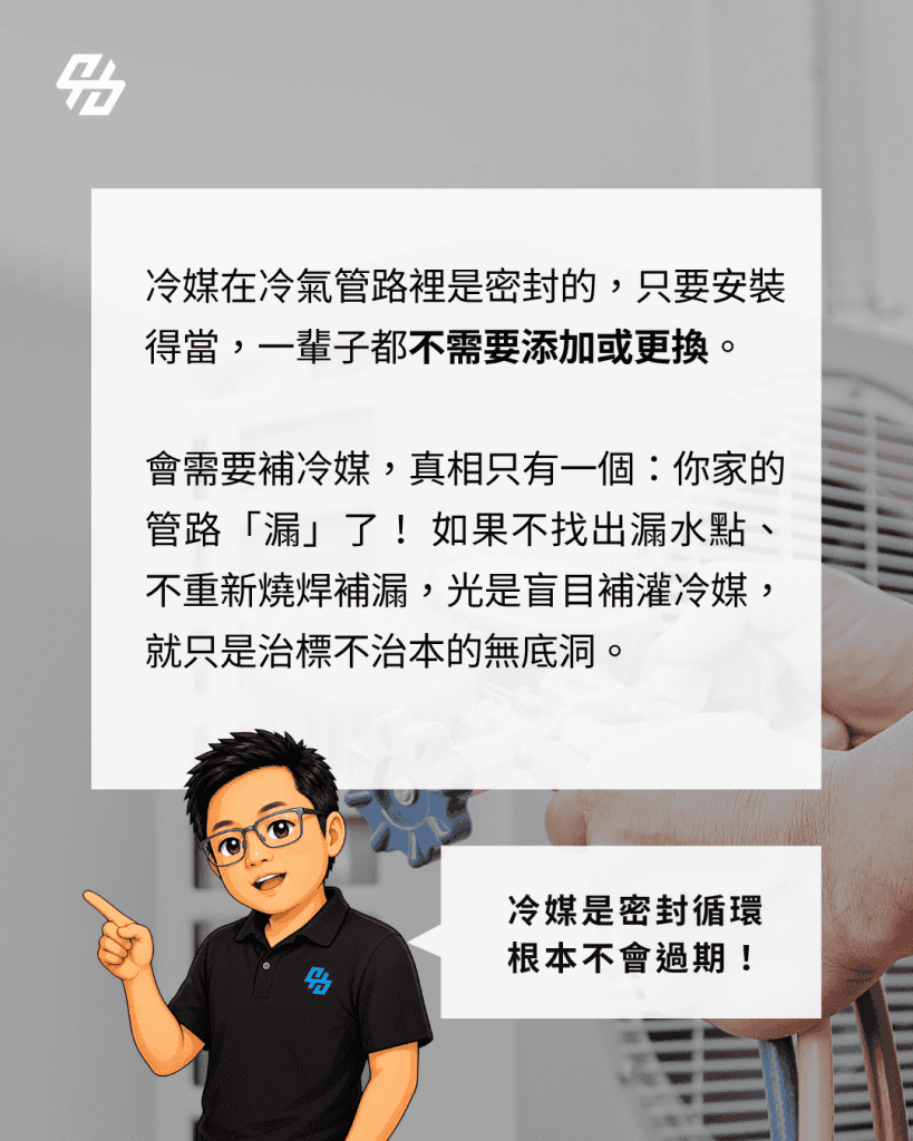 如果排除設定、濾網與室外機問題後,技師檢查確認冷媒不足,下一步應該是抓漏。抓漏可以透過壓力測試、灌氮氣、泡泡水、電子探漏儀等方式,確認洩漏位置。常見漏點包含銅管接頭、焊接處、閥口、室內機熱交換器、室外機零件或舊管線破損。 只補冷媒不抓漏,最常見結果是短時間恢復,過幾週或幾個月又不冷。屋主一年補一次、甚至一季補一次,累積費用很高,問題卻越來越嚴重。更麻煩的是,冷媒長期不足會讓壓縮機負擔增加,可能造成更昂貴的故障。 昇宏空調處理冷氣不冷時,會先診斷再報價,不把「補冷媒」當成萬用答案。該清洗就清洗,該改善散熱就改善散熱,該抓漏就抓漏。真正的維修,是找到原因,而不是只處理症狀。